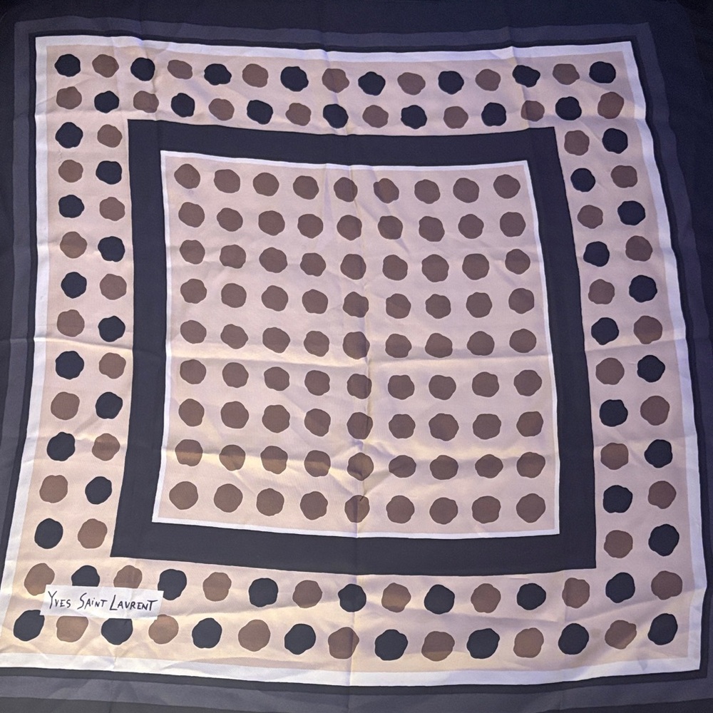 Yves Saint Laurent Cream, Taupe & Navy Polka Dot Silk Scarf